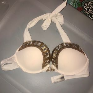 White with gold beading VS bombshell bikini top